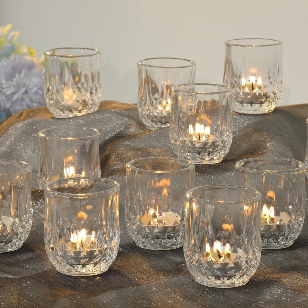 12 Pcs Votive Candle Holders, Amber Glass Tea Lights Candle Holder in Bulk for Table Centerpiece, Tealight Candle Holders, Elevate Valentine’s Day Romance, for Wedding Decor Home Decoration