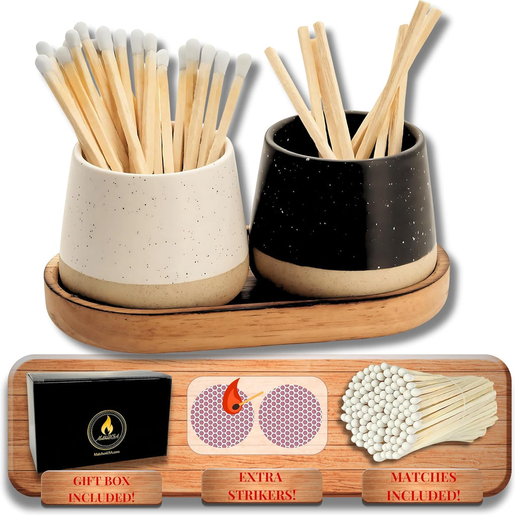 * MATCHES INCLUDED * | Ceramic Match Holder with Tray | 2 Piece Gift Set w Decorative Box | Cute Candle or Kitchen Wooden Matchstick Display w Striker (Ebony & White)