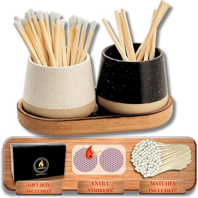 * MATCHES INCLUDED * | Ceramic Match Holder with Tray | 2 Piece Gift Set w Decorative Box | Cute Candle or Kitchen Wooden Matchstick Display w Striker (Ebony & White)