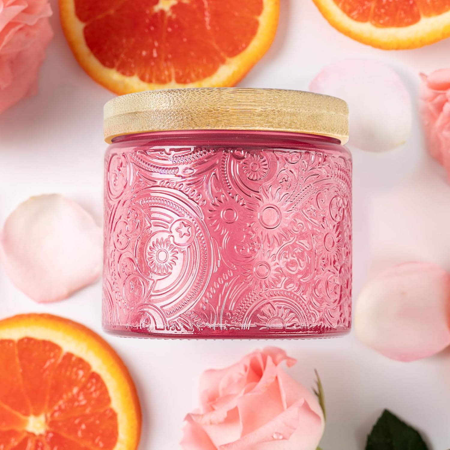 10 oz Embossed Glass Candle Container with Bamboo Lids and Labels, Clear Candle Jars for Making Candles, Sun Moon Stars Design - Pack of 9 (Amber)