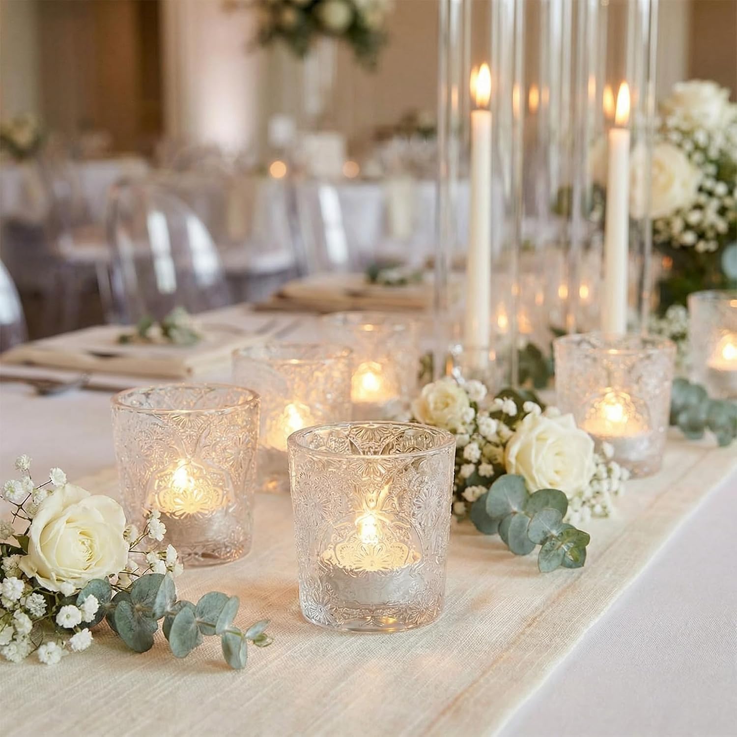 12 Pack Mandala Embossed Glass Candle Holders – Votive Tealight Holders with Patent Design, Decorative Embossed Glass Cups for Wedding Centerpieces, Parties, and Home Décor (Amethyst Bloom)