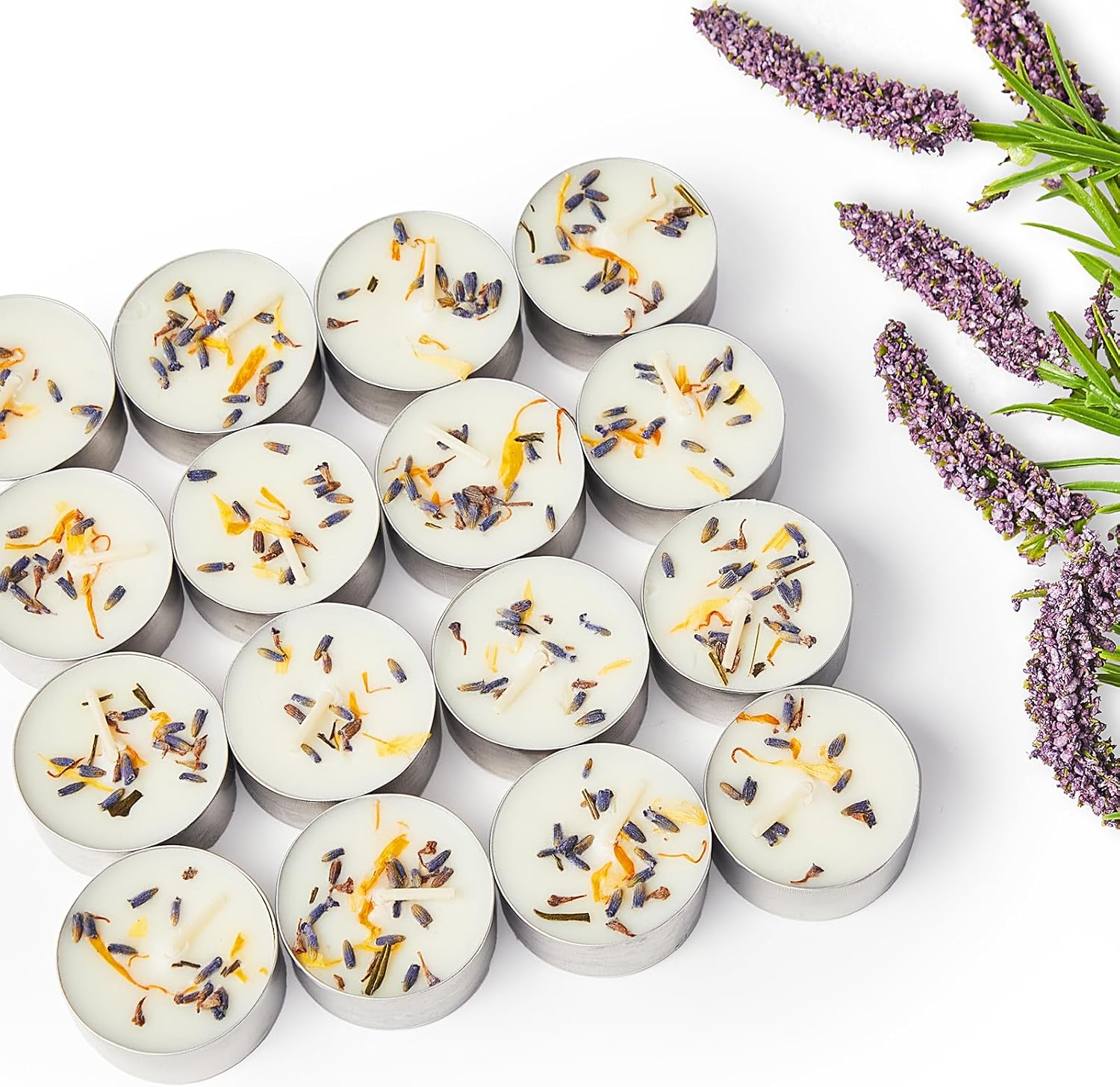 16 Pack Jasmine Scented Tealight Candles with Real Petals, Natural Soy Wax 6H Burn Time, Non-Toxic Smokeless Scented for Bath, Wedding, Decor