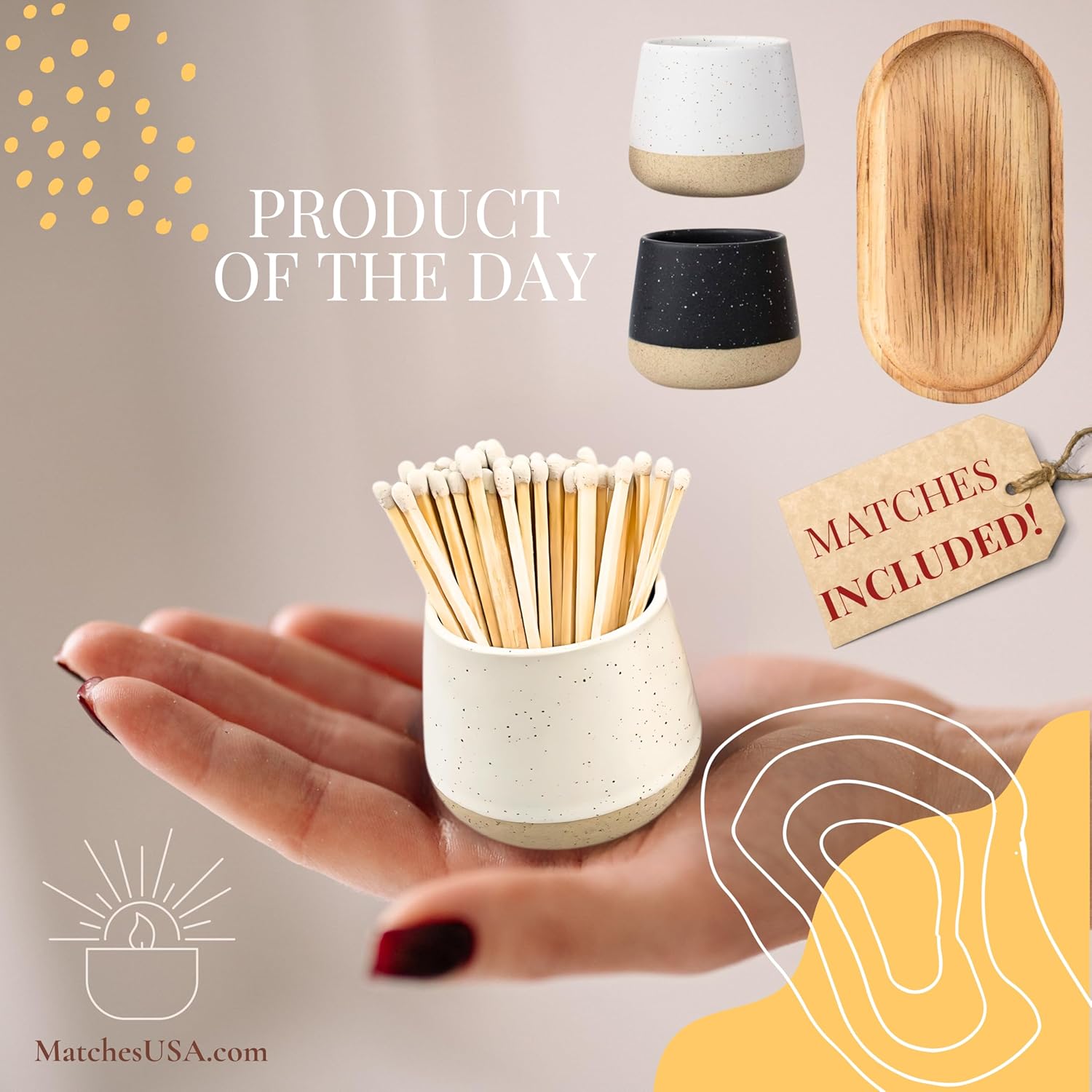 * MATCHES INCLUDED * | Ceramic Match Holder with Tray | 2 Piece Gift Set w Decorative Box | Cute Candle or Kitchen Wooden Matchstick Display w Striker (Ebony & White)