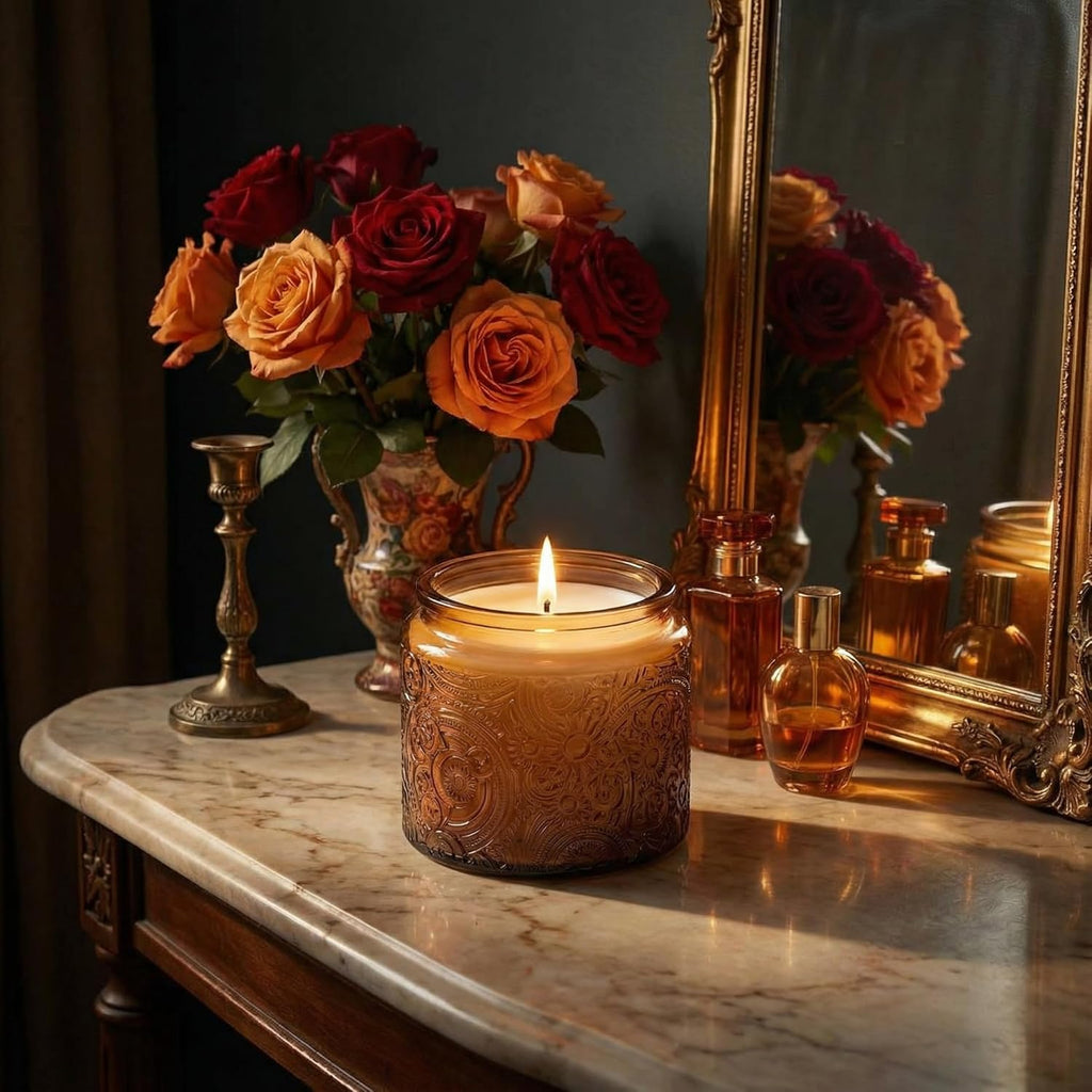 10 oz Embossed Glass Candle Container with Bamboo Lids and Labels, Clear Candle Jars for Making Candles, Sun Moon Stars Design - Pack of 9 (Amber)