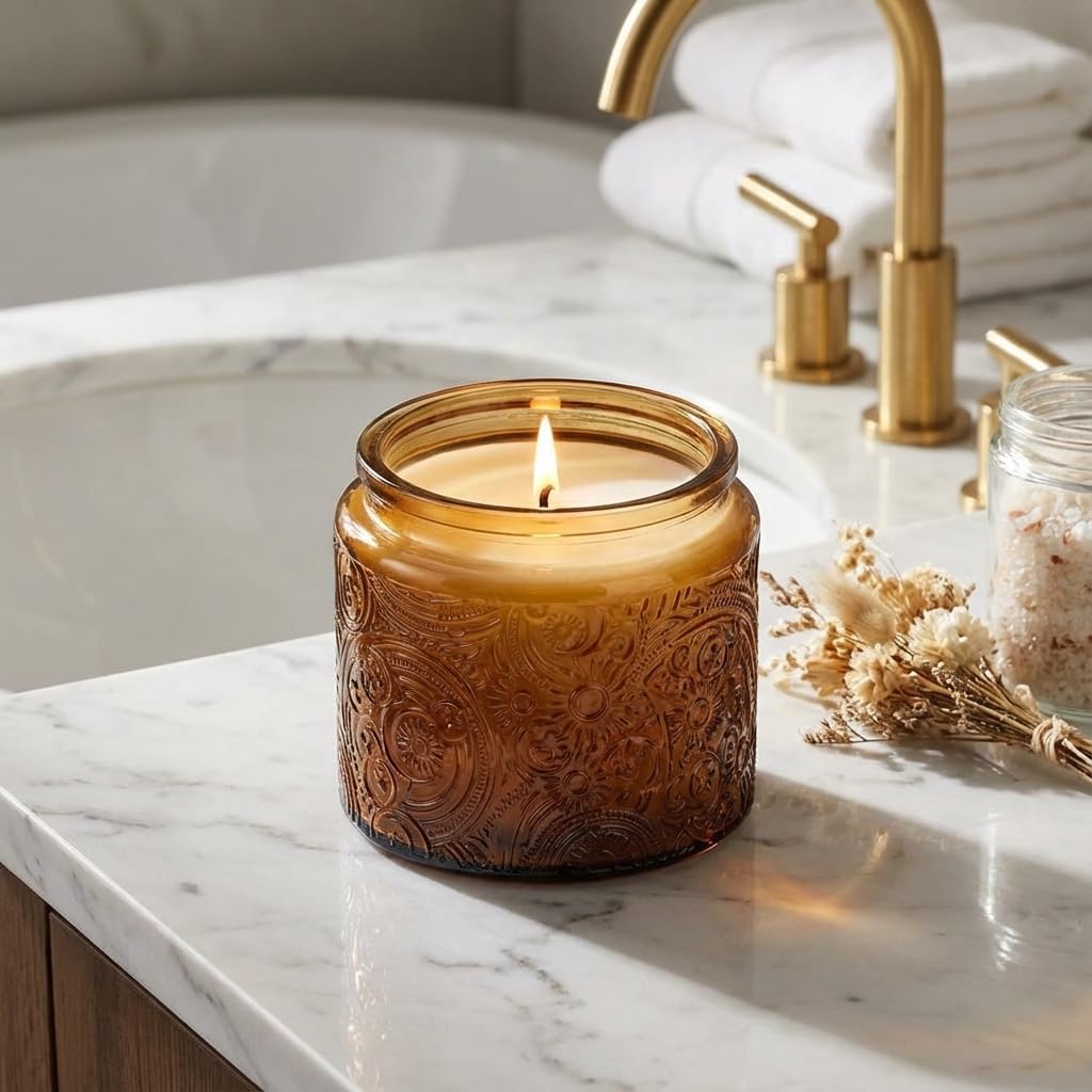 10 oz Embossed Glass Candle Container with Bamboo Lids and Labels, Clear Candle Jars for Making Candles, Sun Moon Stars Design - Pack of 9 (Amber)