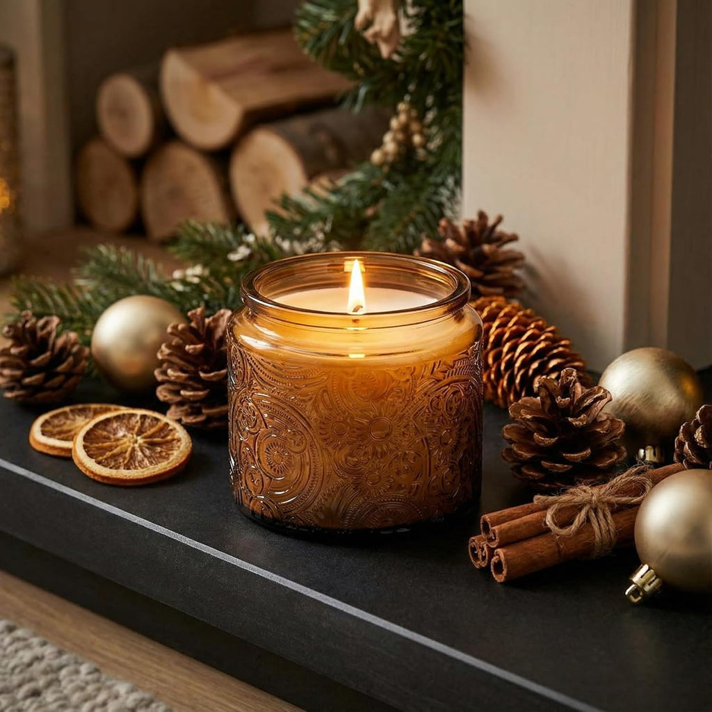 10 oz Embossed Glass Candle Container with Bamboo Lids and Labels, Clear Candle Jars for Making Candles, Sun Moon Stars Design - Pack of 9 (Amber)