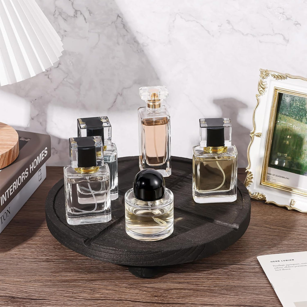 10'' Round Wooden Tray Pedestal Stand, Farmhouse Bathroom Decor Riser for Soap Dispenser, Perfume, Candle, 10'', Matte Black