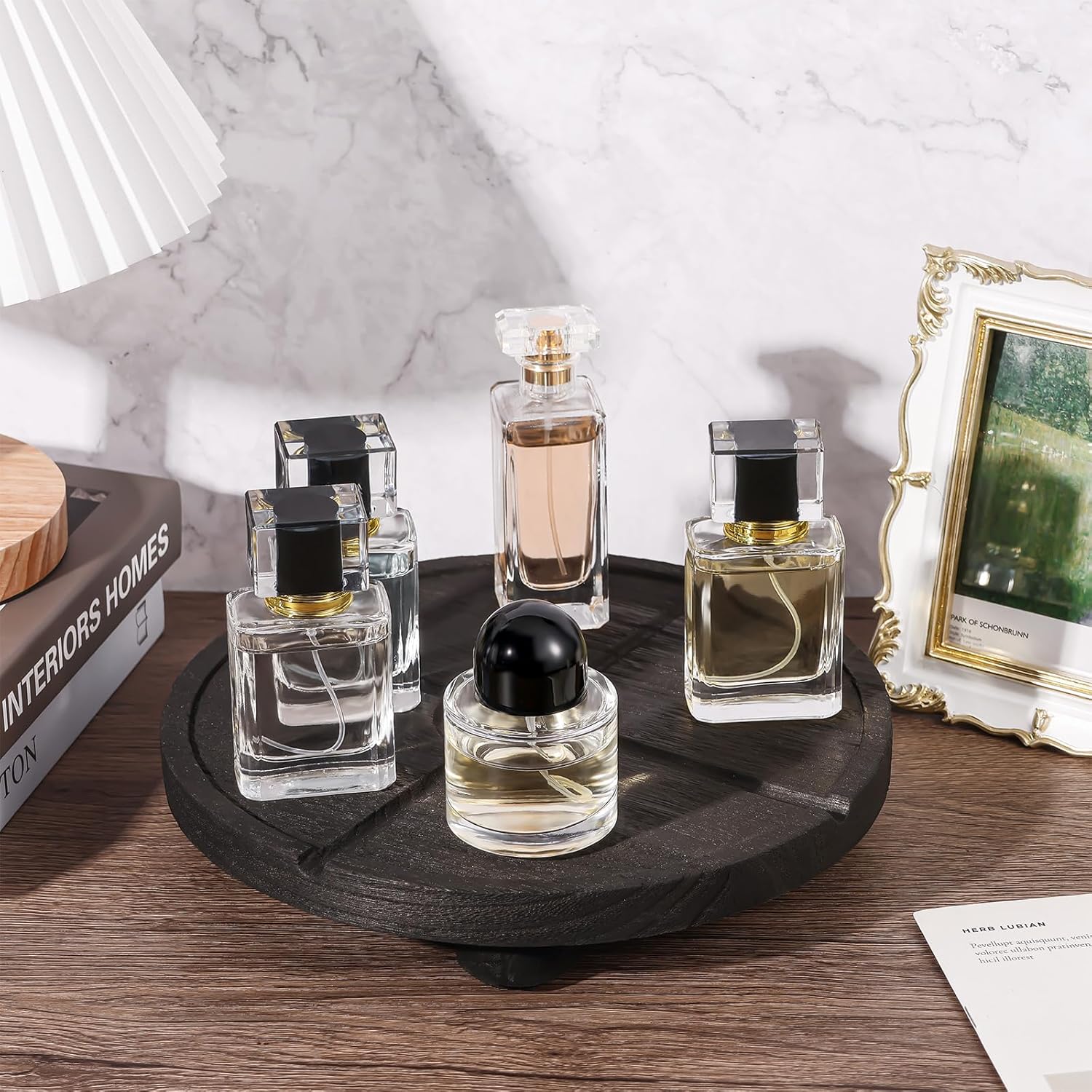 10'' Round Wooden Tray Pedestal Stand, Farmhouse Bathroom Decor Riser for Soap Dispenser, Perfume, Candle, 10'', Matte Black