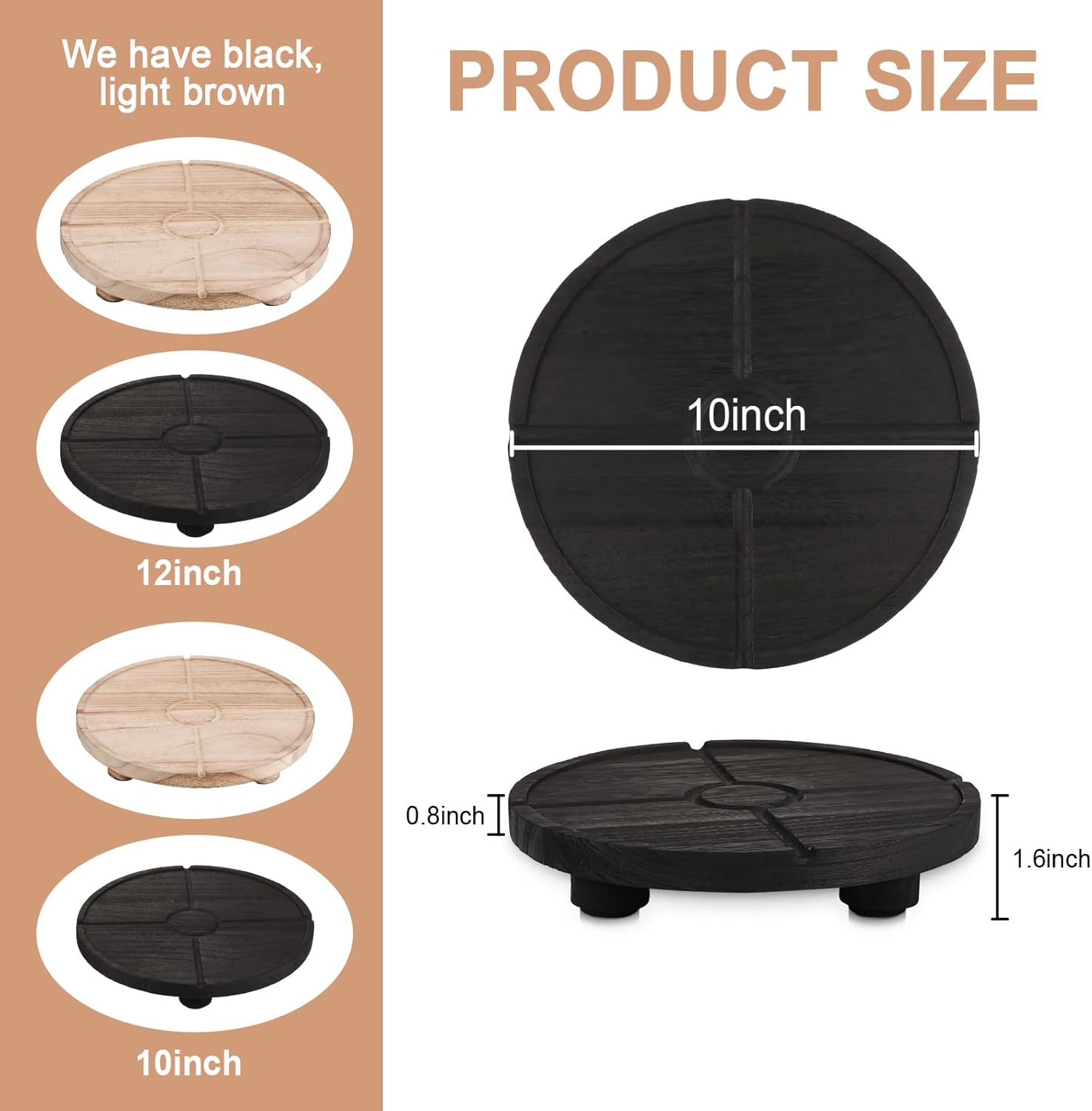 10'' Round Wooden Tray Pedestal Stand, Farmhouse Bathroom Decor Riser for Soap Dispenser, Perfume, Candle, 10'', Matte Black