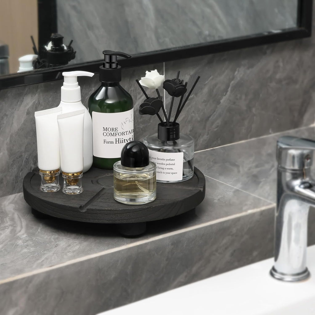 10'' Round Wooden Tray Pedestal Stand, Farmhouse Bathroom Decor Riser for Soap Dispenser, Perfume, Candle, 10'', Matte Black