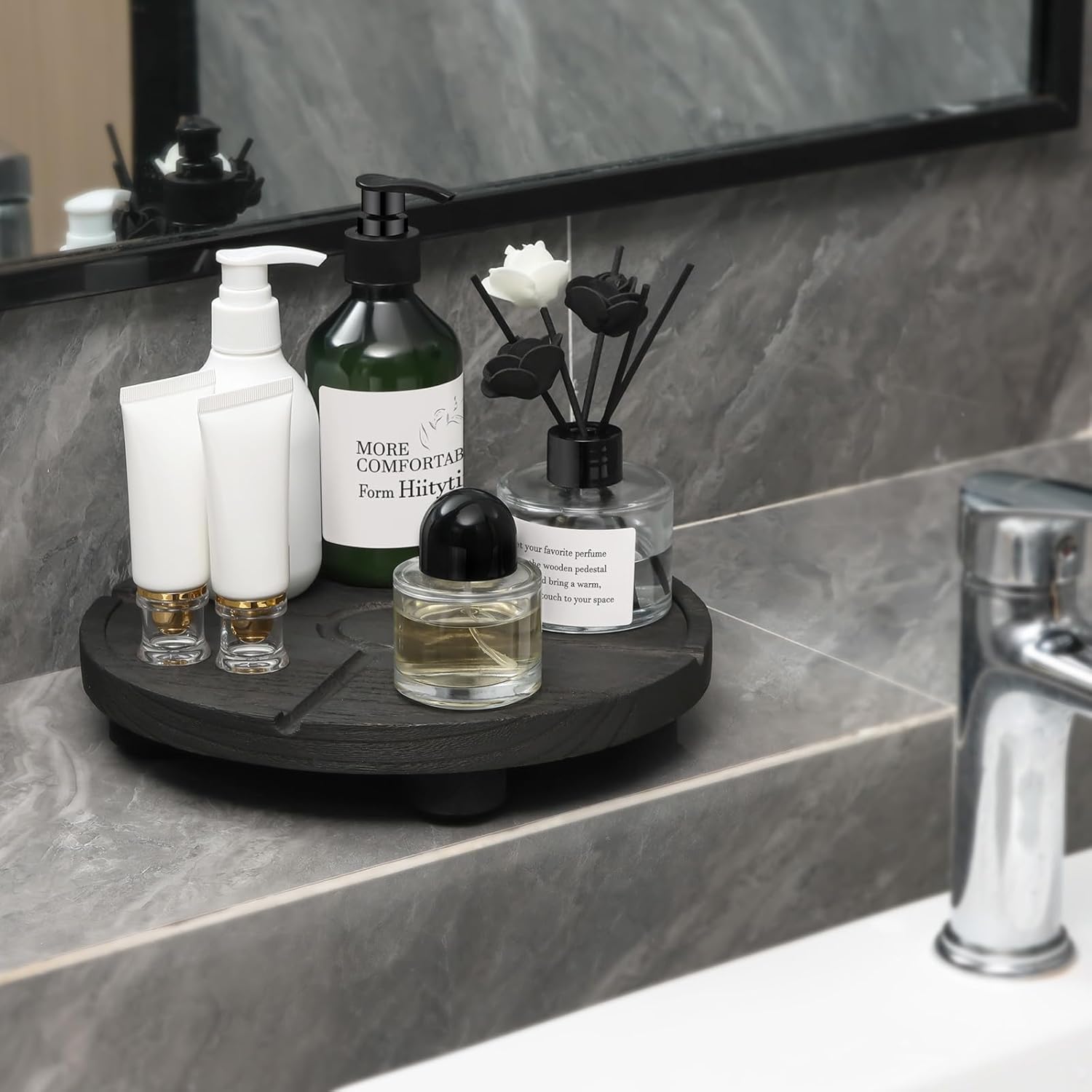 10'' Round Wooden Tray Pedestal Stand, Farmhouse Bathroom Decor Riser for Soap Dispenser, Perfume, Candle, 10'', Matte Black