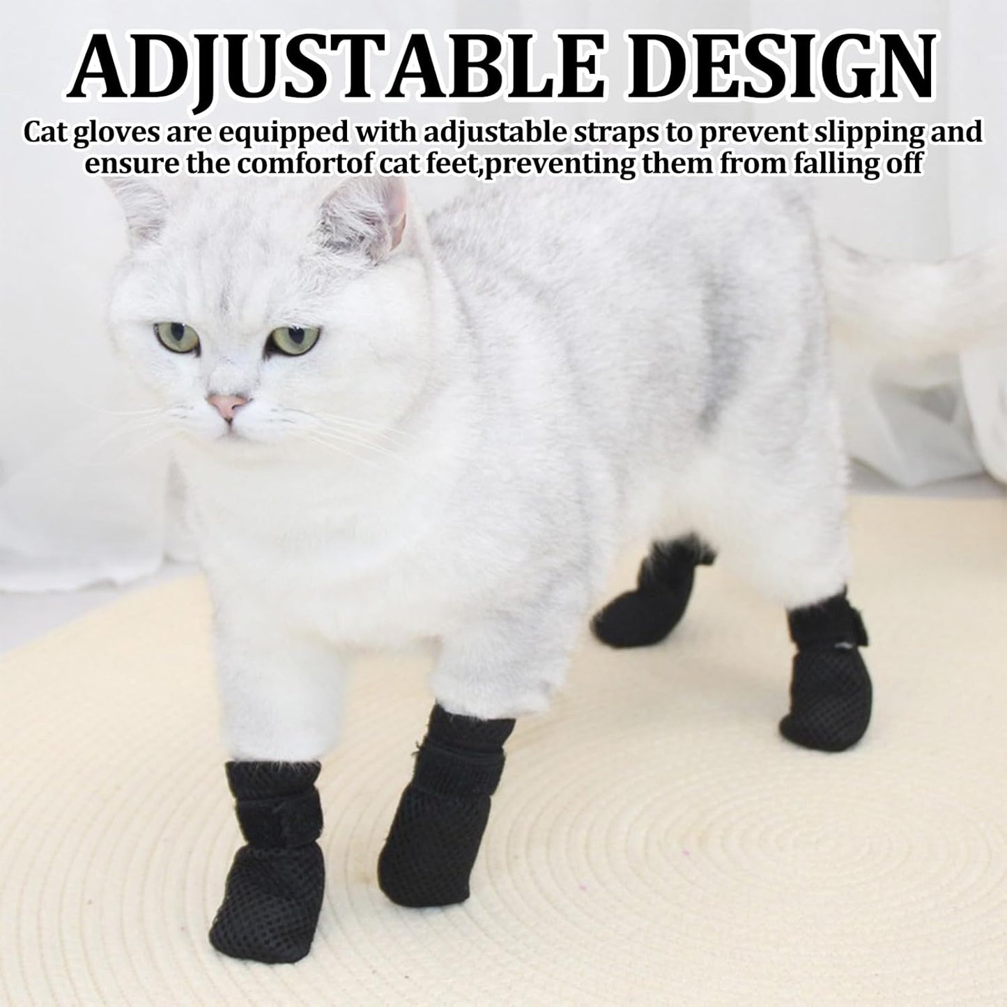4 PCS Cat Booties, Cat Mittens to Prevent Scratching, Mesh Breathable Shoes are Adjustable, Suitable for Bathing, Feeding and Trimming Nails (M, Black)